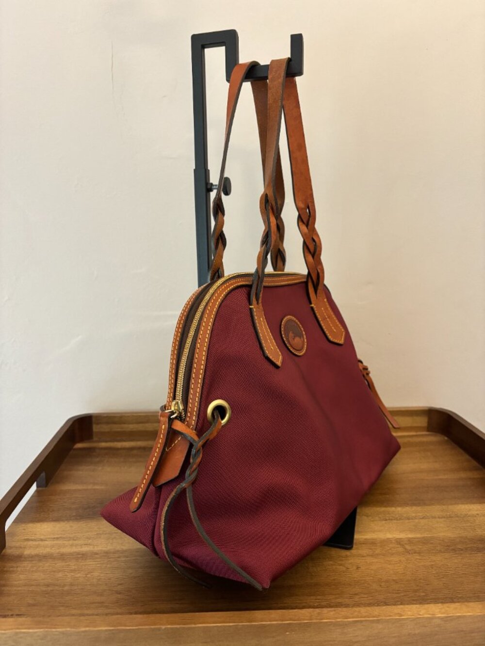 Dooney & Bourke Maroon Burgundy Nylon Brown Leather Large Domed Satchel - Picture 2 of 15